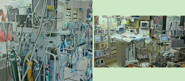 Photos of operating room with very messy equipment