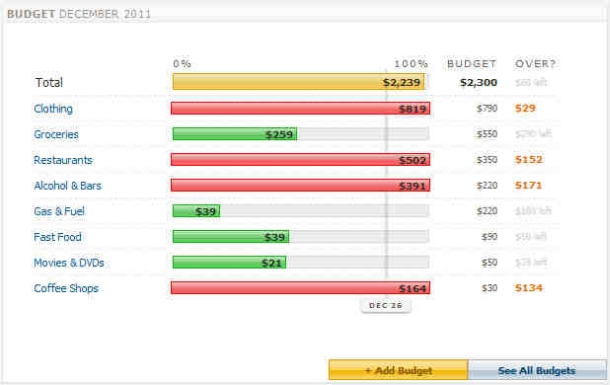 Screen image with colored bars showing spending against budget.