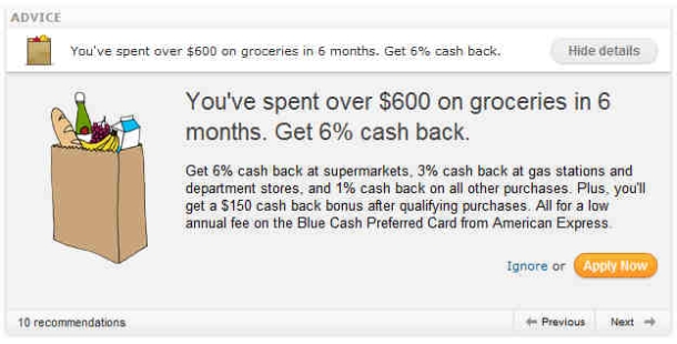 Online ad: You've spent over $600 on groceries in 6 months.. with pitch for cash back using a credit card.