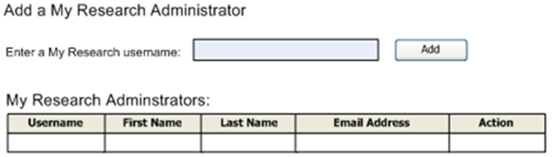 Screen to Add a My Research Administrator, with a field for a username and a table to list administrators.