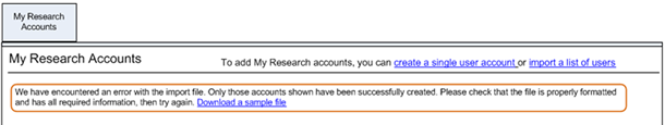 Error message screen, describing an error in an import file.