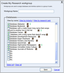 Screen image of a checklist used to assign databases to workgroups.