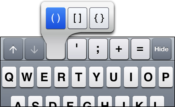 View of keyboard showing math symbols in a popup