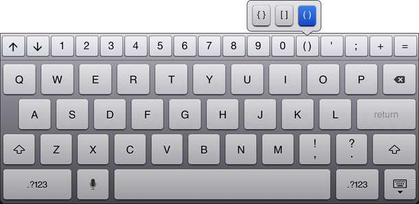 View of the full keyboard on a tablet, showing a popup for math symbols