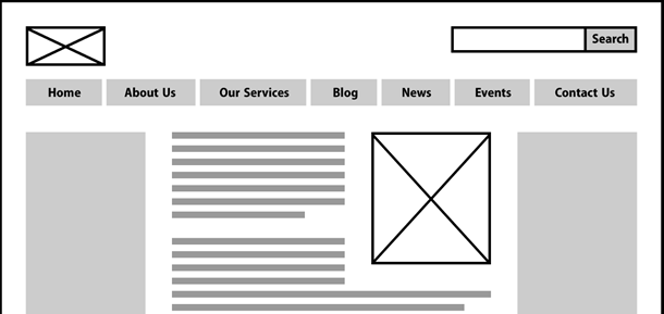 Wireframe showing location of search and navigation.