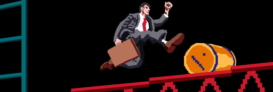 A game interface with a business man as the player avatar
