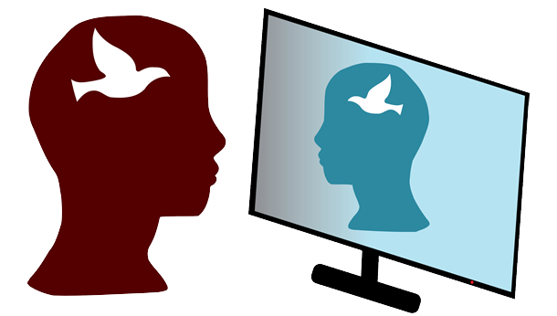 Drawing: two heads look at each other through a computer screen. Both have a silhouette of a dove.