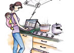 illustration of a woman checking a laptop in a kitchen.