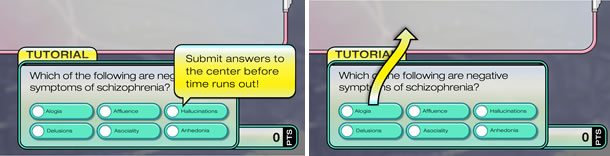 Screen showing a speech bubble saying submit answers to the center before time runs out.