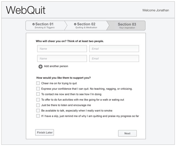 The site offers a list of ways people can support you, like “Cheer me on for trying to quit.”