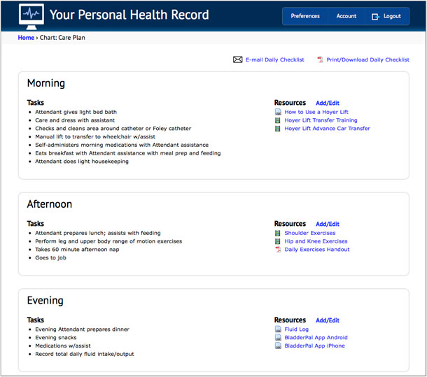 A screen shot of a prototype patient-centered care plan with a schedule of tasks and links to personalized content.