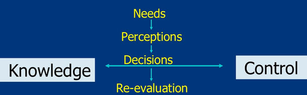 A diagram shows Knowledge and Control as one axis, with Needs, Perception, Decisions, and Re-Evaluation on the other.