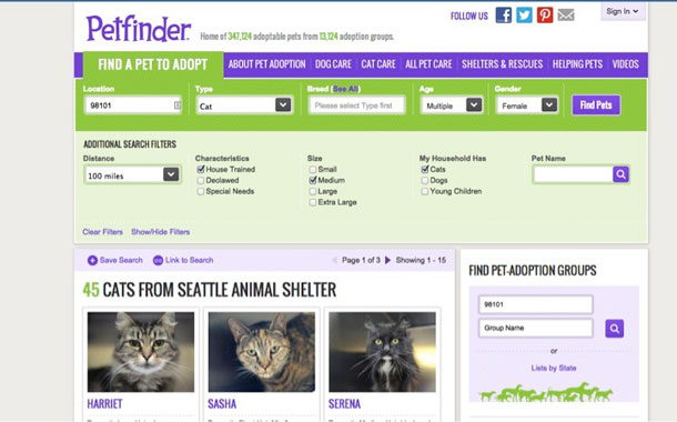 The Petfinder.com home page with a search function revealed under the Find a Pet to Adopt menu.