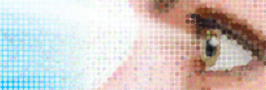 A pixilated image of a face, focused on the eye