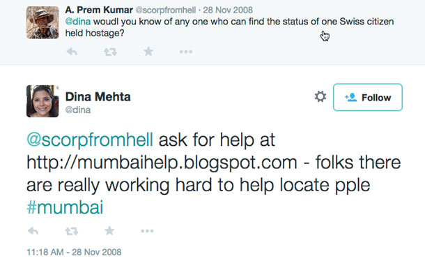 A tweet by Dina Mehta: @scorpfromhell ask for help at mumbaimailhelp.blogspot.com – folks there are really working hard to locate pple #mumbai