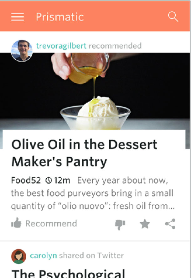 Screen shot of an Android app with a recommendation link, a photo, the headline, and the first few words of the story.