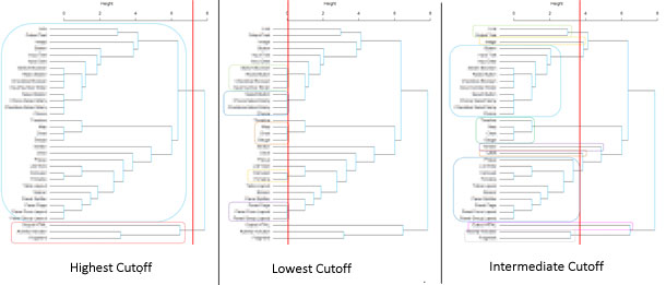 Screens shots of dendograms showing clusters.