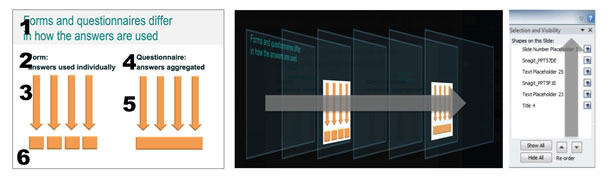 Three views of the reading order controls for a slide.