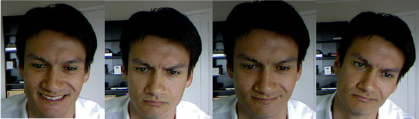 Four side-by-side photos of the same individual’s face displaying different facial expressions.