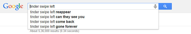 Google’s auto suggestion when you type the words “Tinder swipe left” includes “Tinder swipe left gone forever.”