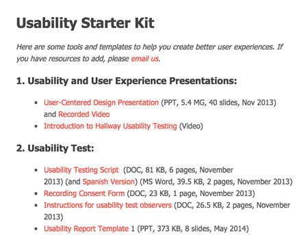 Screenshot showing part of the list of resources starting with usability and user experience presentations. See the website for the full list.