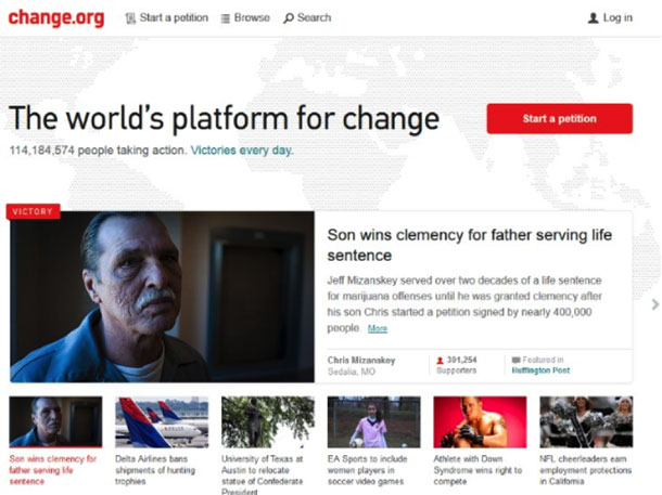 Screenshot of the Change.org website showing the home page with several different petitions.