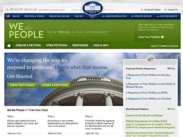 Screenshot of the We the People website showing the home page and steps to participate.