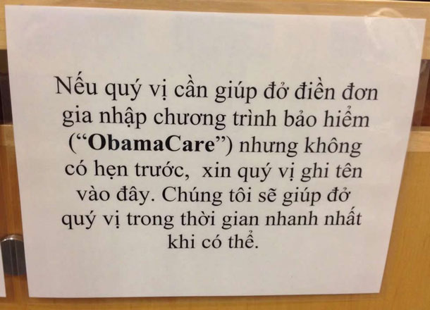 A picture of a sign in a health clinic in Vietnamese with the word “Obamacare” in English.