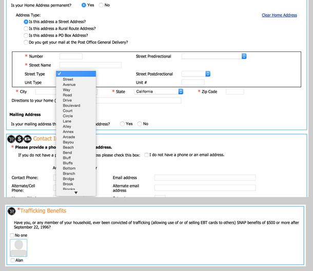 Two sections of a screen. One shows a long drop-down for the type of street. The other asks about convictions for “trafficking”—selling benefits to others.