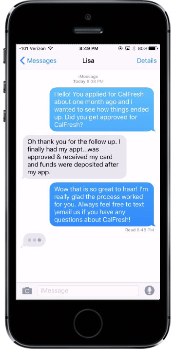 A text message conversation between a client and someone following up to see if they got approved. The client says, “Oh thank you for the follow up. I finally had my apt….was approved and received my card and funds were deposited after my app.”