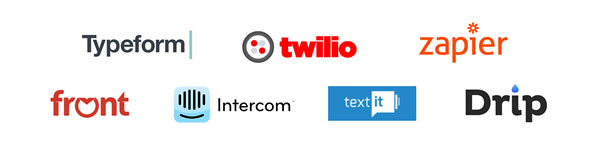 Brand logos for Typeform, Twilio, Zapier, Front, Intercom, TextIt, Drip