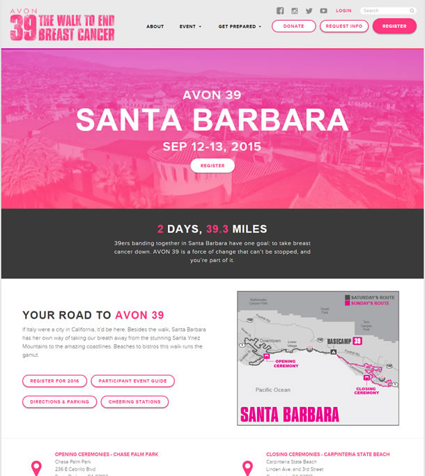 The page includes main buttons for registering, participant event guide, directions and parkingparking, and cheering stations. The page content highlights a map with key locations in the event marked.