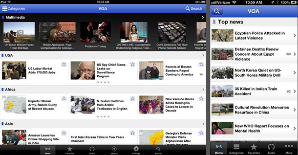 The picture shows the old version of the VOA News application on an iPad and iPhone.
