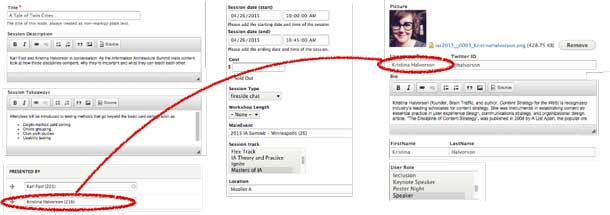 Screenshots showing session and speaker data separated into fields and ready for reuse.