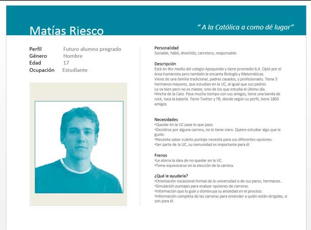 Photograph and text describing the persona in Spanish.