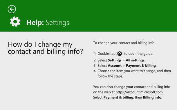 Step-by-step instructions describe changing contact and billing info on Xbox One.