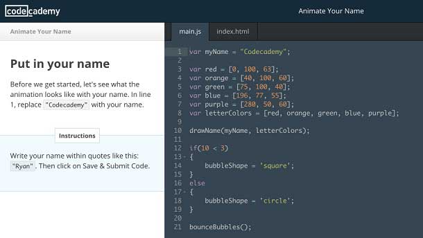 A screenshot of the Codecademy website shows an introductory challenge that encourages students to animate their name and see what that computer code would look like.