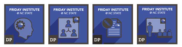 Images of the badges, with the name of the Friday Institute and an icon for the badge name.