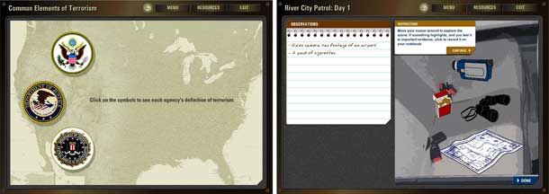 Two screen from an e-learning course. The first shows three government medallions that can be clicked for different definitions of terrorism. The second shows the front seat of a suspect car during a routine traffic stop.