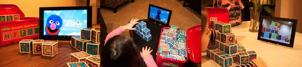 3 photos of a child playing with Grover’s Block Party: one of Grover on the tablet screen, one with child arranging blocks, and one with child and blocks represented on the tablet screen.