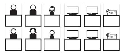 Screenshots of examples of business origami icons that represent different end users (on the left) and modes of communication (on the right).