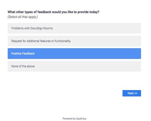 A survey question “What other types of survey would you like to provide today?” with answers 1. Problems with Docusign Rooms, 2. Request for additional features or functionality, 3. Positive feedback, 4. None of the above.