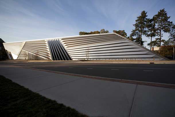 The Broad Art Museum. Asymmetrically architected building with metallic siding.