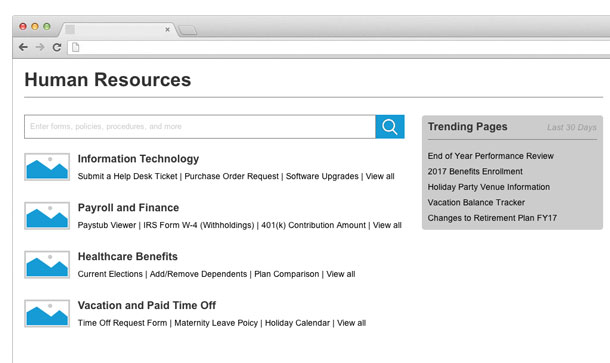 Human resources portal with links to different departments.