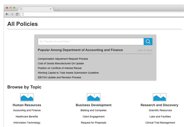 Intranet policies page. A menu shows a list of different policies and sections to browse by topic.