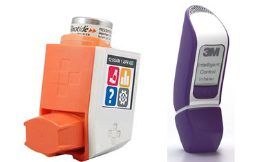 Photos of two different smart inhalers with screens and sensors