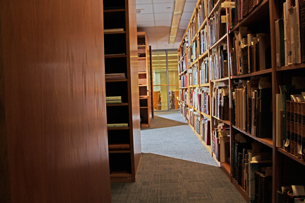 Photo of a bookshelves in a library