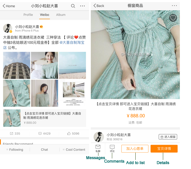 Alt text. Screenshots displaying two Weibo posts by a designer who is now an Internet celebrity. Posts show a product listing and a product close-up.