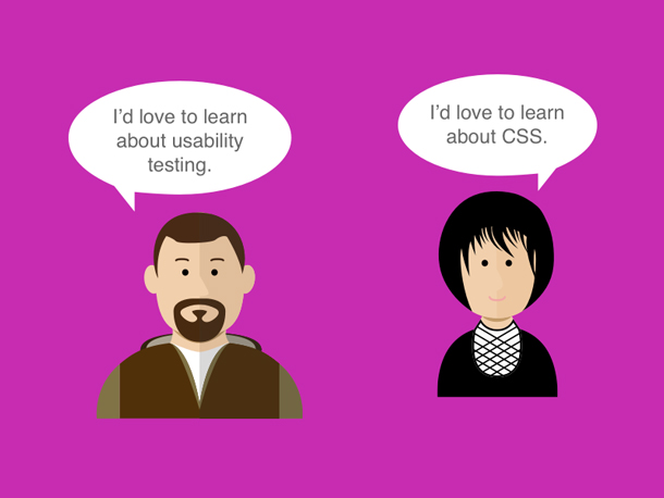 Illustration of a developer and designer with speech bubbles indicating they want to learn about each other’s disciplines