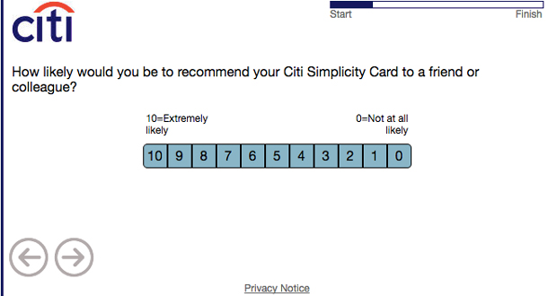 Screenshot of a survey asking how likely you’d be to recommend your Citi Simplicity Card to a friend or colleague. 